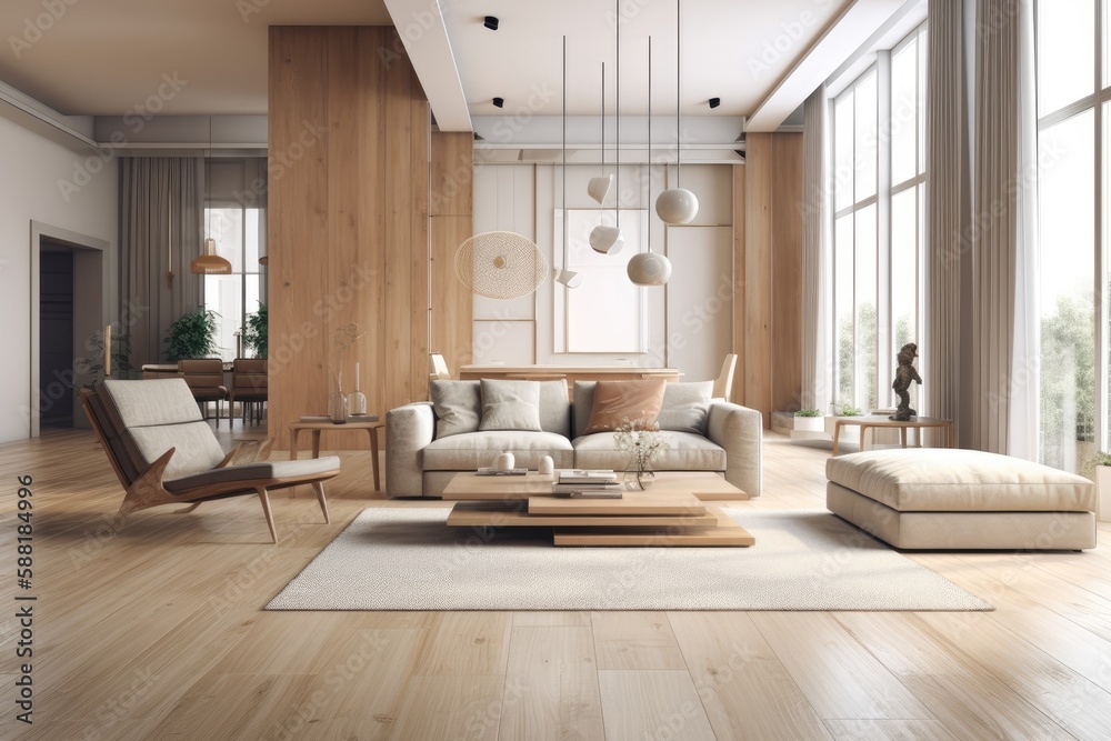 Poster spacious living room with natural lighting and comfortable furniture. Generative AI