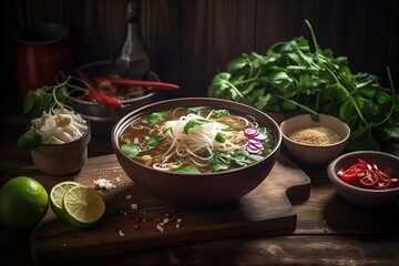 Photographic close-up delicious Pho,  with beautiful kitchen background, and generative AI tools.