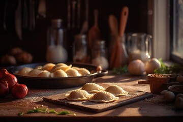 Close up of classic pierogies with beautiful kitchen background, generative AI tools.