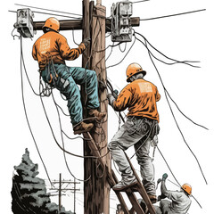 drawing of a team of electricians assemblers at work on a white background