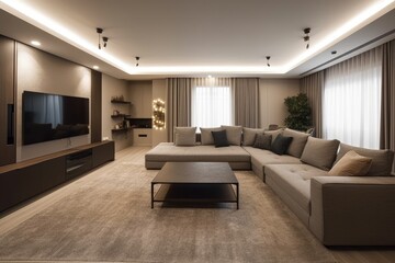 Fototapeta premium cozy living room with a comfortable couch and a modern flat screen TV. Generative AI