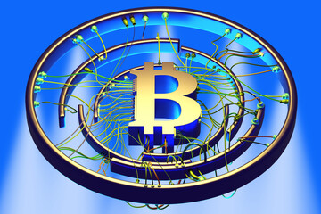 Bitcoin technology. BTC logo with wires. Bitcoin symbol on blue. Investment in cryptocurrency. Trading blockchain money. bitcoin digital currency. BTC payment method. cyber money. 3d image
