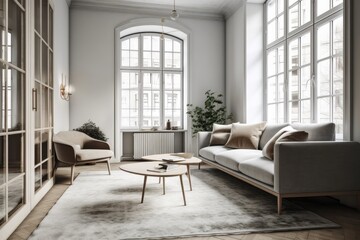 spacious and well-furnished living room with ample natural light streaming in through the large windows. Generative AI