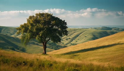 Obraz premium Tranquil sunset over rural countryside, serene beauty generated by AI