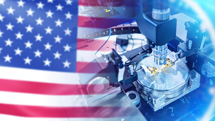 Microchip manufacturing in USA. Machine for creating microprocessors. PCB manufacturing in USA. Made in America. Equipment for production of microprocessors. High tech industry. Digital boards