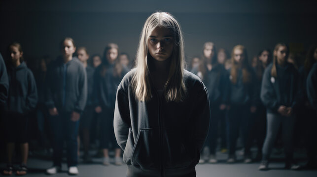 Powerful Image Of A Student Standing Up To A Group Of Bullies, With A Message Of Empowerment And Support For Victims Of Bullying. Generative AI