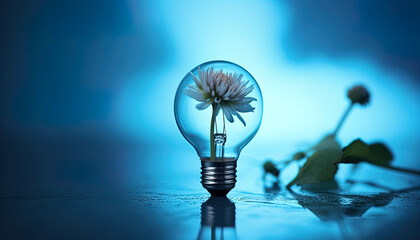 Ecological light bulb that contains a flower. Copy space and blue background