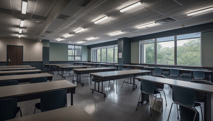 Fototapeta premium Empty modern classroom chairs, tables, and no people generated by AI