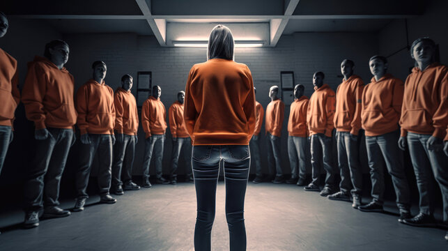 Powerful image of a student standing up to a group of bullies, with a message of empowerment and support for victims of bullying. Generative AI