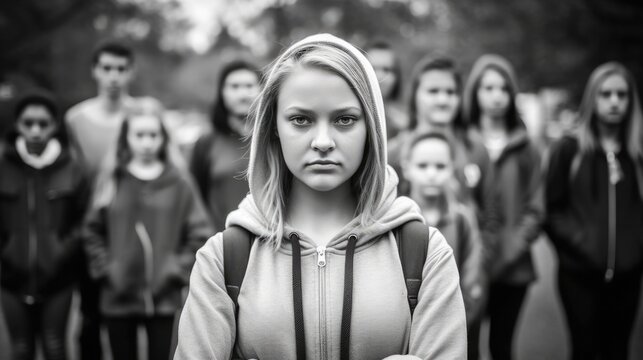 Powerful image of a student standing up to a group of bullies, with a message of empowerment and support for victims of bullying. Generative AI