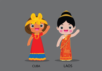 Cuba and Laos n national dress vector illustrationa