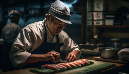 One chef expertly preparing fresh Japanese cuisine generated by AI