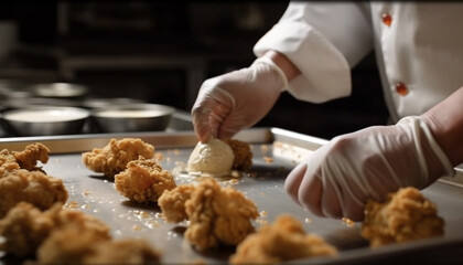 Obraz na płótnie Canvas Gourmet chef hand prepares homemade dough for baking generated by AI