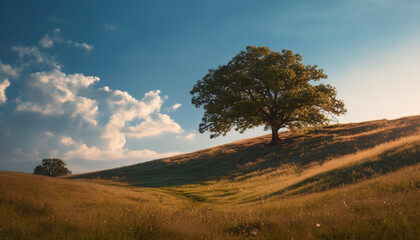 Obraz premium Green meadow meets blue sky, tranquil beauty generated by AI
