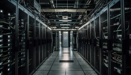 Obraz premium Equipment in rows inside warehouse for IT support generated by AI