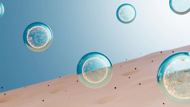 Cosmetic 3d animation of two essence bubbles merging into each other and then through the skin layer, remove all the dirt in the pores