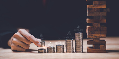 Man and pile of coins ,Concept of saving money to prepare for risk ,saving and accumulating money ,Financial planning and investment ,growth in assets and profits ,budget management ,risk management