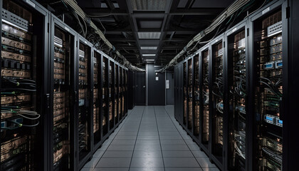 Futuristic computer equipment in row inside data center generated by AI