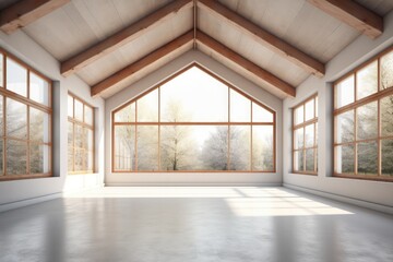 Illustration of an empty room with grand windows and a high vaulted ceiling. Generative AI