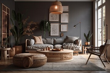 cozy living room with a large window and comfortable furniture. Generative AI