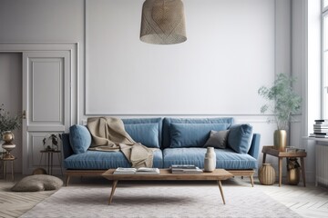 modern blue living room with a comfortable couch and stylish coffee table. Generative AI