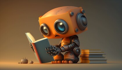 AI miniature robot reading a book. Generative AI.