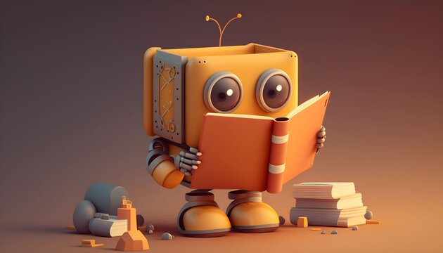 AI miniature robot reading a book. Generative AI.
