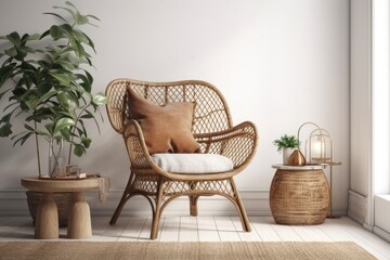 Fototapeta na wymiar cozy corner with a wicker chair and potted plant. Generative AI