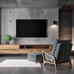 modern living room with wall mounted tv on concrete wall, wooden cabinet, and gray armchair. created by generative AI.