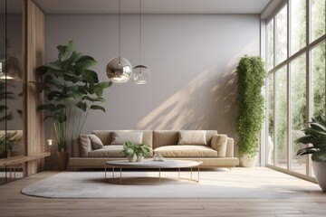 cozy living room with a modern couch, wooden table, and vibrant potted plant. Generative AI