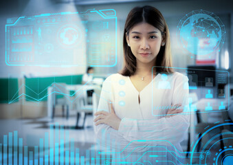 Business woman holding virtual interface panel of industrial system and structure for better future with the technology of the future, Graphic, HUD, Digital transformation concept.