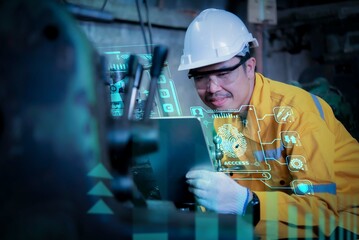 Business man holding virtual interface panel of industrial system and structure for better future, Graphic, HUD, Digital transformation concept, System engineering.