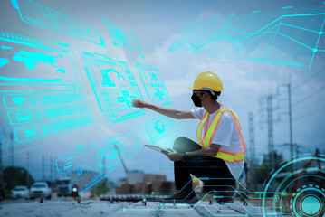 Asian engineers combine technology with their work to achieve good performance, Graphic, HUD, Digital transformation concept, System engineering.