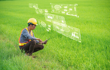 Asian engineers use technology to improve the environment for a brighter future, Graphic, HUD, Digital transformation concept, System engineering.