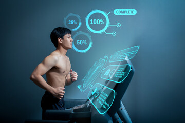 Athlete and running for health exercise for good health and track your heart rate and completeness of the body, Graphic, HUD, Digital transformation concept.