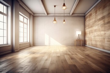 Obraz premium Illustration of an empty room with wooden flooring and natural light coming through two windows. Generative AI