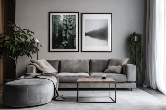 modern living room with a gray sofa and wall art. Generative AI