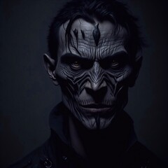 Obraz premium Frontal portrait of a somber character with marked features and grayish skin, dark style. Generative AI technology