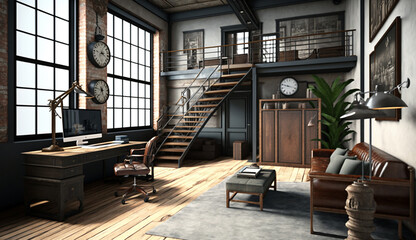 Office interior in a loft, industrial style, Generative AI