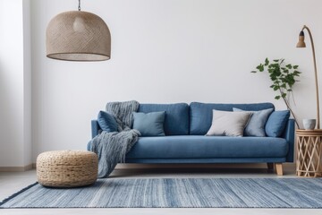 modern living room with blue sofa and rug. Generative AI