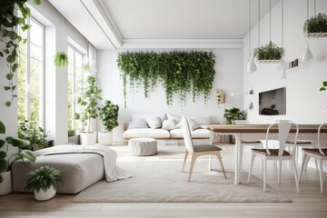 cozy living room filled with plants and furniture. Generative AI