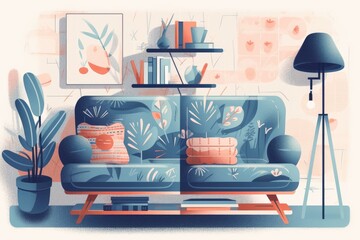 cozy living room with a comfortable couch and a stylish lamp. Generative AI