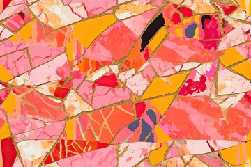 Seamless Cracked Kintsugi mosaic patchwork collage of playful stripes and marble in a bright orange, pink and yellow dopamine dressing style , ai generated