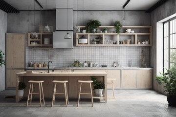 cozy kitchen with a countertop and stools next to a window. Generative AI