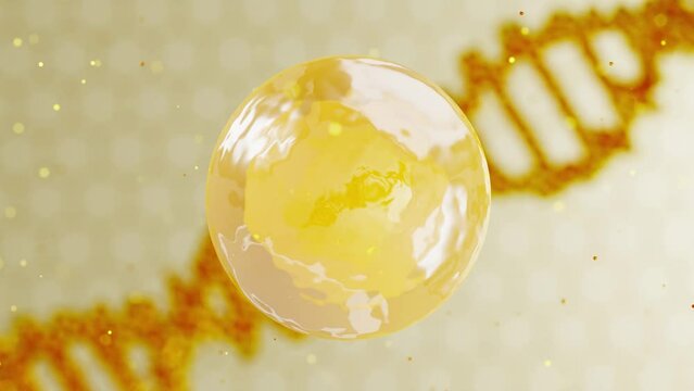 Yellow collagen serum bubble on Dna background, 3d rendering of cosmetic oil liquid advertisement. Realistic molecules background.