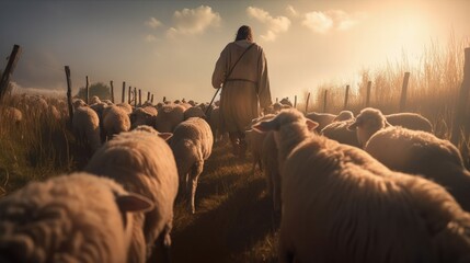 Jesus the good shepherd, guiding his sheep, christian concept, generative ai - obrazy, fototapety, plakaty