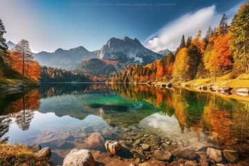 Obraz premium The beautiful autumn scene of the lake Hintersee Colorful morning view of Bavarian Alps on Austrian border, Germany, Europe. Nature beauty concept background