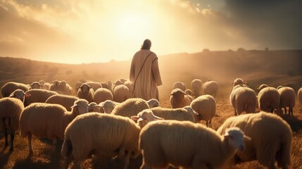 Jesus the good shepherd, guiding his sheep, christian concept, generative ai - obrazy, fototapety, plakaty