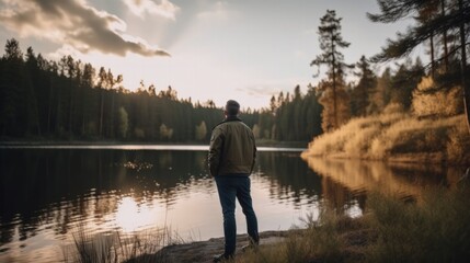 Fototapeta na wymiar man looking at a lake, relaxing. generative ai