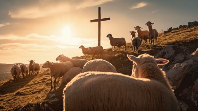 flock of sheep looking at the cross of Jesus, christian concept, generative ai